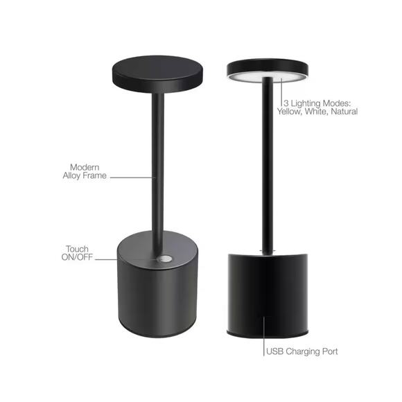 Black LED Touch Table Lamp Wireless Rechargeable w/ Dimmer 10.25 in - Picture 3 of 8